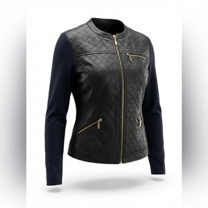 Joseph Ribkoff Black Quilted Moto Jacket Gold Zippers Size 8